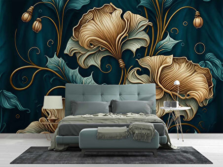 Koyu Yeşil Zeminli Altın Yaprak Desenli Duvar Kağıdı