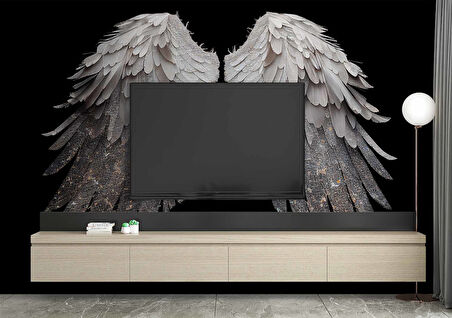 3 Boyutlu Gümüş Simli Kanat Desenli Duvar Kağıdı