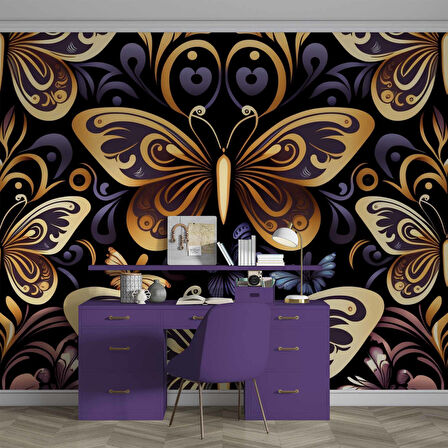 3 Boyutlu Altın Kelebek Desenli Duvar Kağıdı