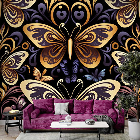 3 Boyutlu Altın Kelebek Desenli Duvar Kağıdı