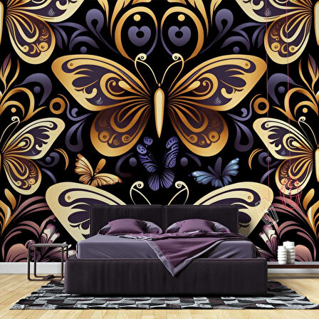 3 Boyutlu Altın Kelebek Desenli Duvar Kağıdı