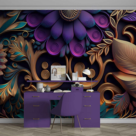 3 Boyutlu Mor Çiçek Desenli Duvar Kağıdı