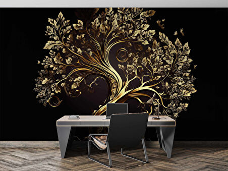 Altın Ağaç Desenli Duvar Kağıdı