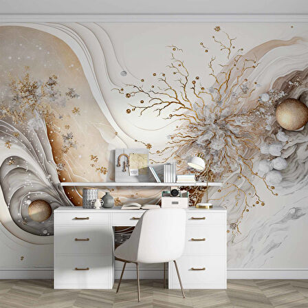 3 Boyutlu Altın Dal ve Beyaz Çiçek Desenli Duvar Kağıdı