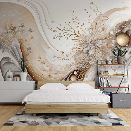 3 Boyutlu Altın Dal ve Beyaz Çiçek Desenli Duvar Kağıdı