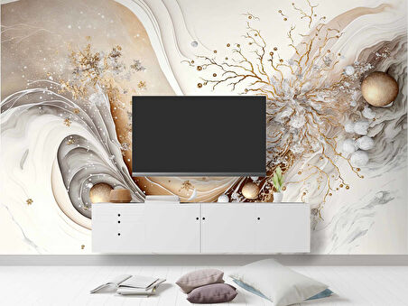 3 Boyutlu Altın Dal ve Beyaz Çiçek Desenli Duvar Kağıdı