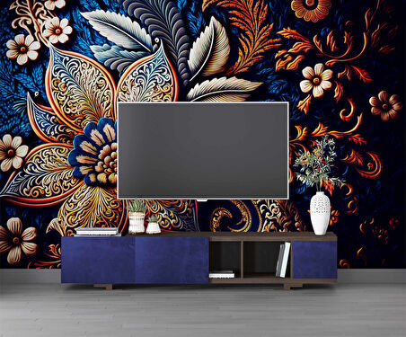 3 Boyutlu Lacivert Zeminli Altın Çiçek Desenli Duvar Kağıdı