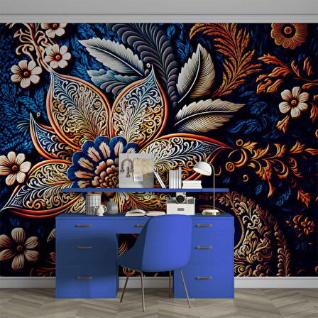 3 Boyutlu Lacivert Zeminli Altın Çiçek Desenli Duvar Kağıdı