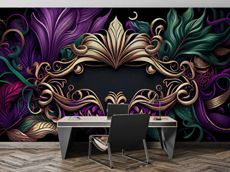 3 Boyutlu Mor Yeşil Altın Desenli Duvar Kağıdı