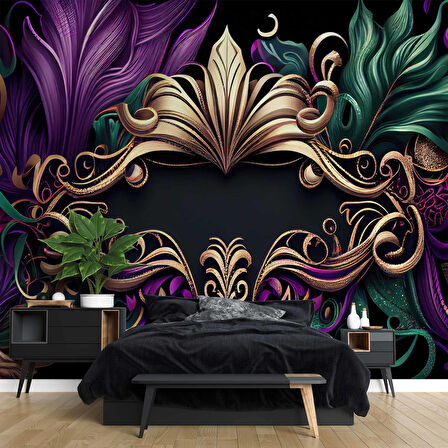 3 Boyutlu Mor Yeşil Altın Desenli Duvar Kağıdı