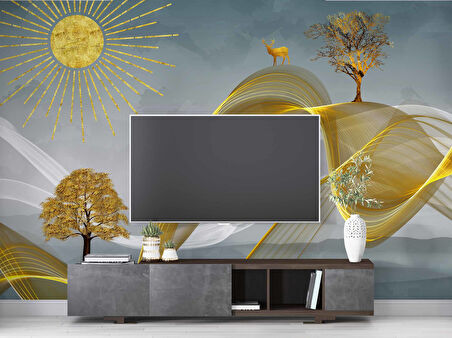 3 Boyutlu Altın Manzaralı Duvar Kağıdı