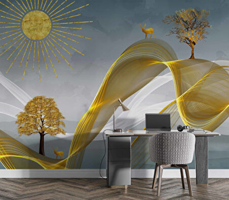 3 Boyutlu Altın Manzaralı Duvar Kağıdı