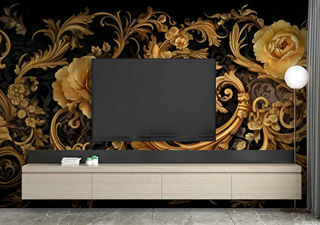 3 Boyutlu Altın Çiçek Temalı Duvar Kağıdı