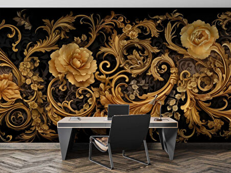 3 Boyutlu Altın Çiçek Temalı Duvar Kağıdı