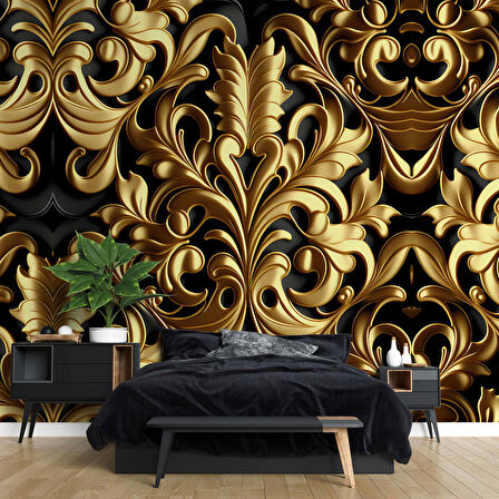 3 Boyutlu Altın Yaprak Temalı Duvar Kağıdı