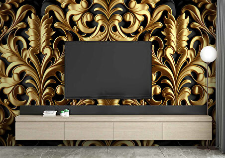 3 Boyutlu Altın Yaprak Temalı Duvar Kağıdı