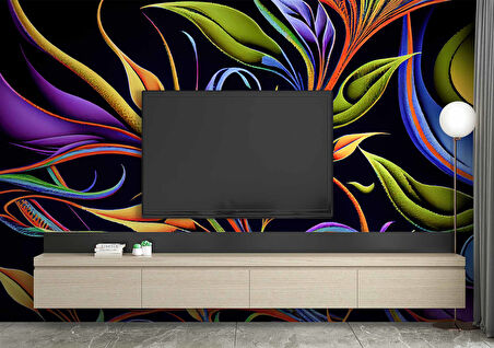 Renkli Çizim Yaprak Desenli Duvar Kağıdı