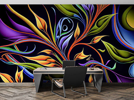 Renkli Çizim Yaprak Desenli Duvar Kağıdı