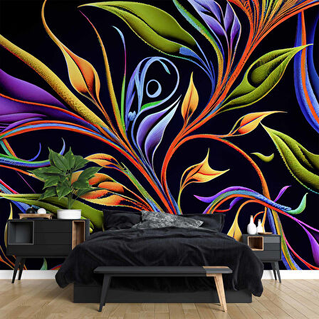 Renkli Çizim Yaprak Desenli Duvar Kağıdı