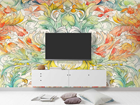 Renkli Çizim Sanatsal Yapraklı Desenli Duvar Kağıdı