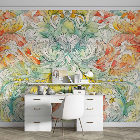 Renkli Çizim Sanatsal Yapraklı Desenli Duvar Kağıdı