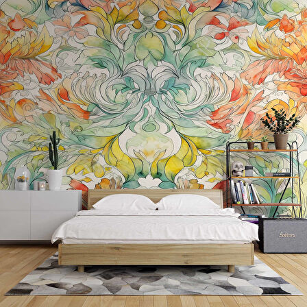 Renkli Çizim Sanatsal Yapraklı Desenli Duvar Kağıdı