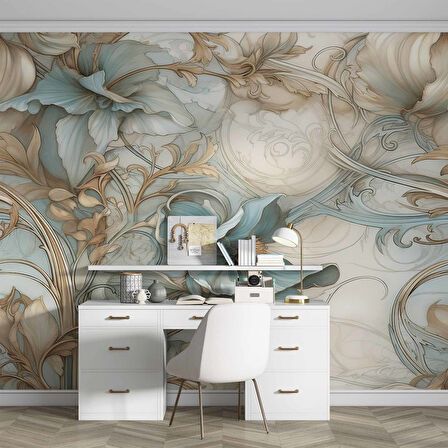 Turkuaz Çiçek Desenli Duvar Kağıdı