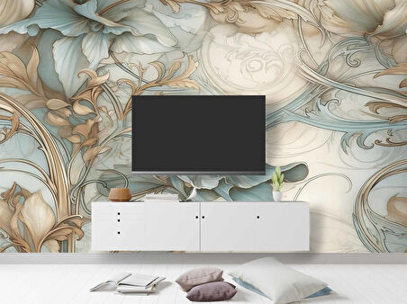 Turkuaz Çiçek Desenli Duvar Kağıdı