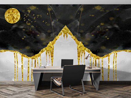3 Boyutlu Siyah Altın Gökyüzü Boyama Desenli Duvar Kağıdı
