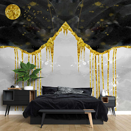 3 Boyutlu Siyah Altın Gökyüzü Boyama Desenli Duvar Kağıdı