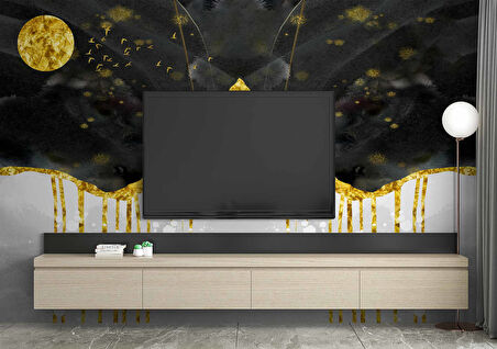 3 Boyutlu Siyah Altın Gökyüzü Boyama Desenli Duvar Kağıdı