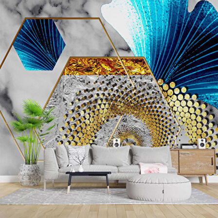 3 Boyutlu Gri Mavi Altın Varak Desenli Duvar Kağıdı