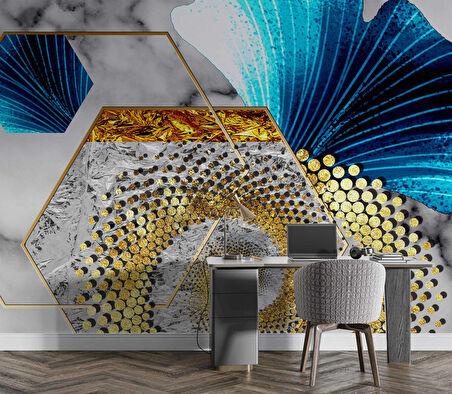 3 Boyutlu Gri Mavi Altın Varak Desenli Duvar Kağıdı