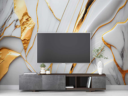 3 Boyutlu Gri Mermer Altın Varak Desenli Duvar Kağıdı