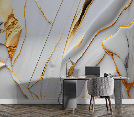 3 Boyutlu Gri Mermer Altın Varak Desenli Duvar Kağıdı