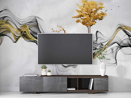 3 Boyutlu Gri Boyama Altın Geyik ve Ağaç Desenli Duvar Kağıdı