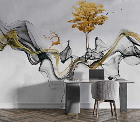 3 Boyutlu Gri Boyama Altın Geyik ve Ağaç Desenli Duvar Kağıdı