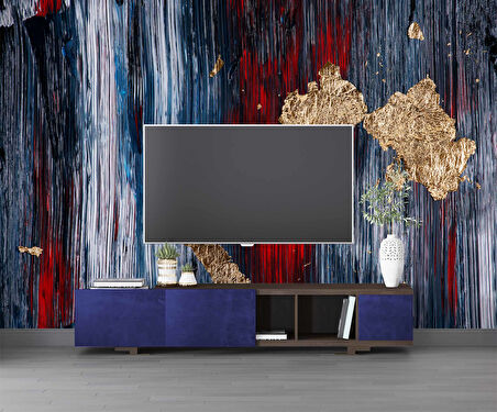 3 Boyutlu Lacivert Kırmızı Boyama Desenli Duvar Kağıdı