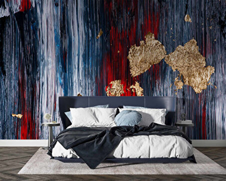 3 Boyutlu Lacivert Kırmızı Boyama Desenli Duvar Kağıdı