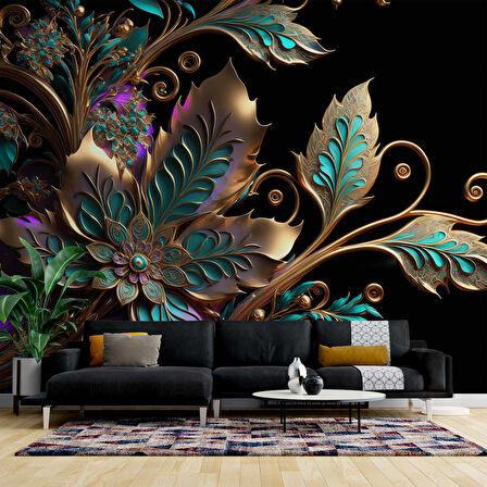  Boyutlu Altın Yeşil Çiçek Desenli Duvar Kağıdı