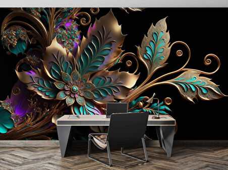  Boyutlu Altın Yeşil Çiçek Desenli Duvar Kağıdı