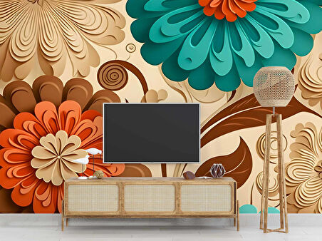 3 Boyutlu Çiçek Çizim Desenli Duvar Kağıdı