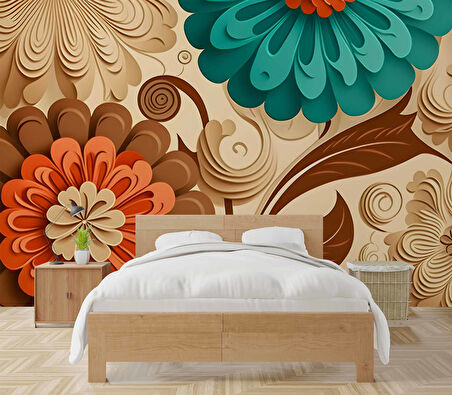 3 Boyutlu Çiçek Çizim Desenli Duvar Kağıdı