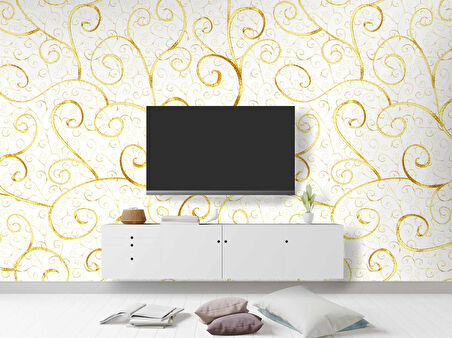 3 Boyutlu Beyaz Altın Motif Desenli Duvar Kağıdı