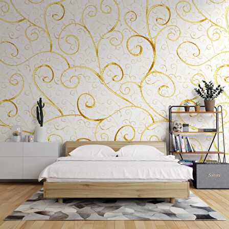 3 Boyutlu Beyaz Altın Motif Desenli Duvar Kağıdı