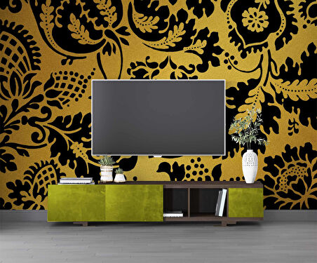 3 Boyutlu Altın simli siyah motifli Desenli Duvar Kağıdı