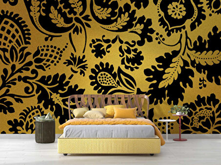 3 Boyutlu Altın simli siyah motifli Desenli Duvar Kağıdı