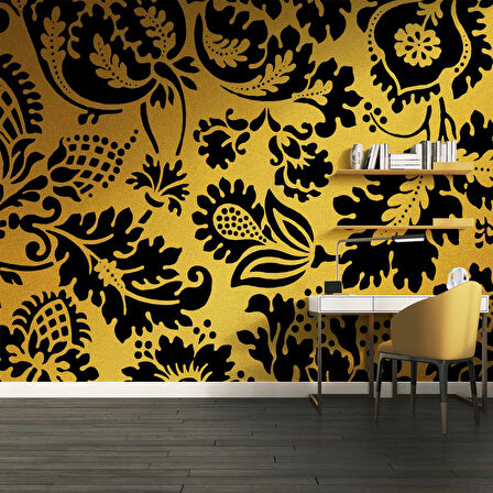 3 Boyutlu Altın simli siyah motifli Desenli Duvar Kağıdı