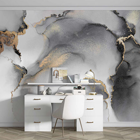 Siyah Gri Altın Simli Mermer Desenli Duvar Kağıdı