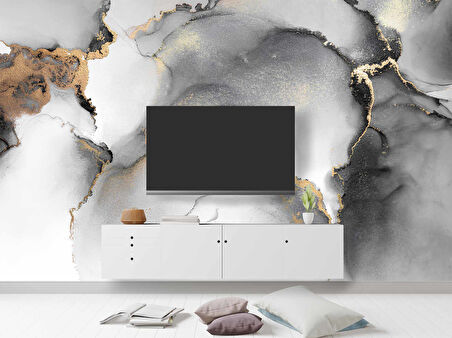 Siyah Gri Altın Simli Mermer Desenli Duvar Kağıdı